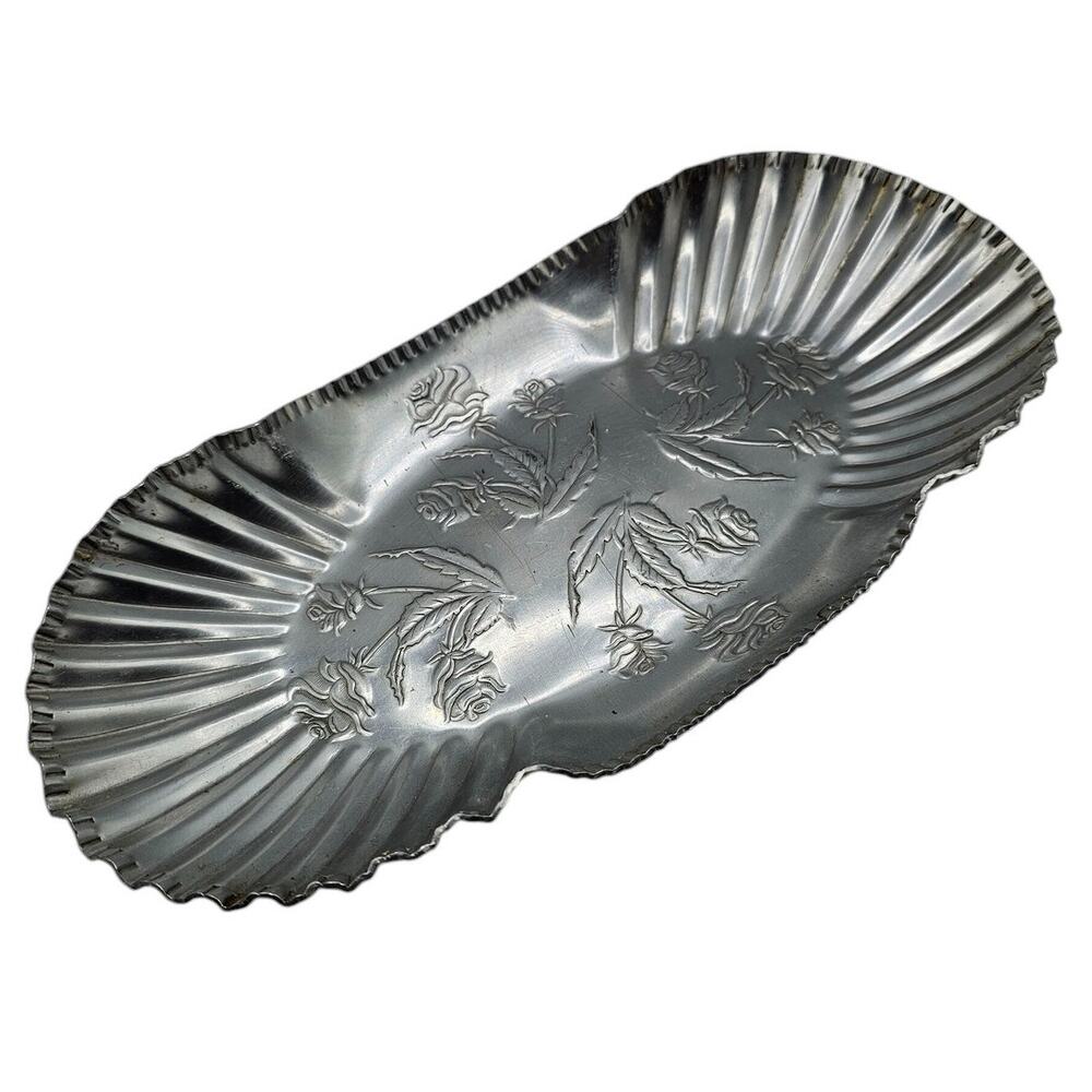 Vintage 12” Ornate Stamped Aluminum Bread Holder Serving Dish Farmhouse Decor